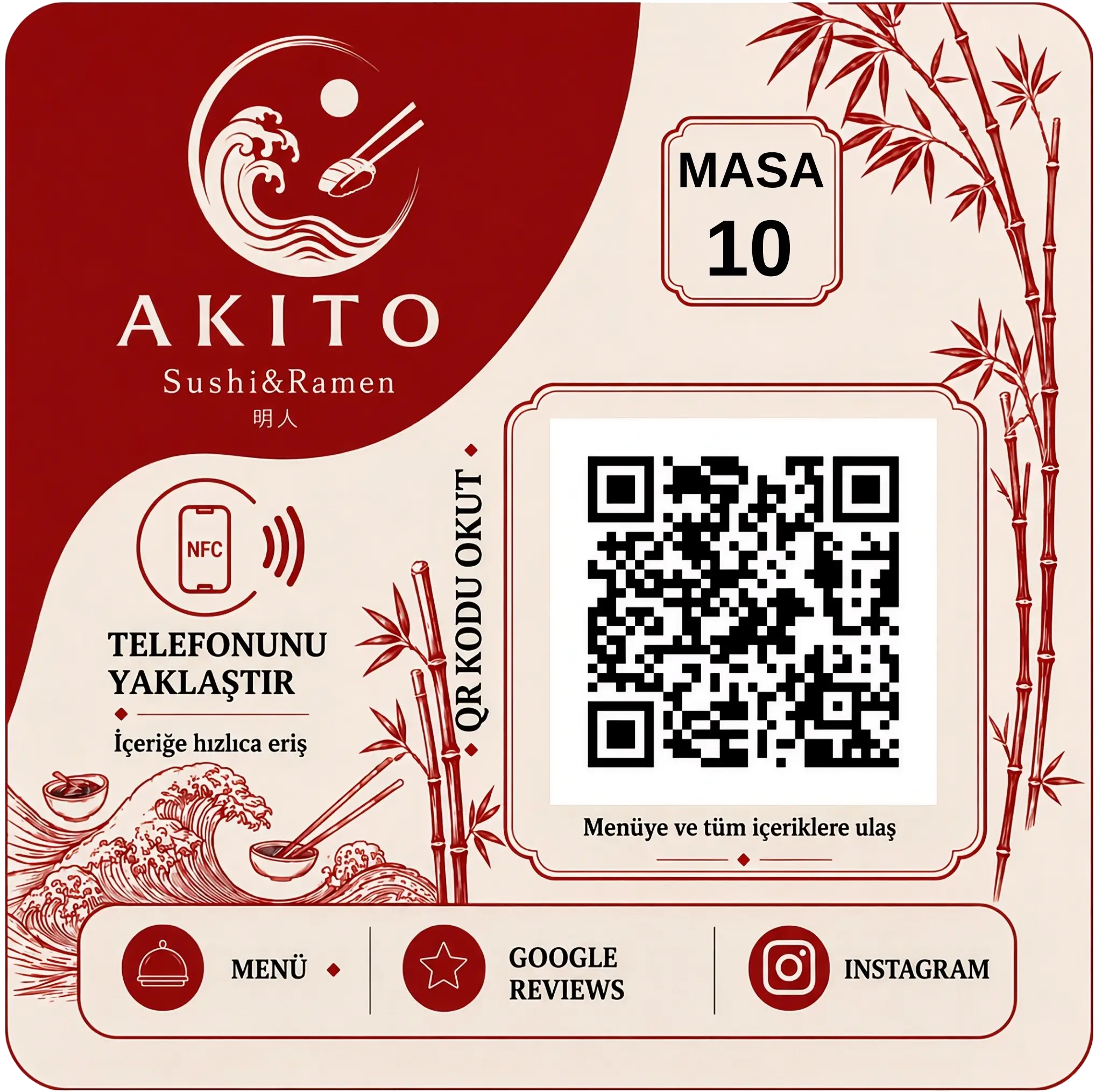 Akito Sushi & Ramen için masa numarası 10 bulunan NFC ve QR masa tasarımı