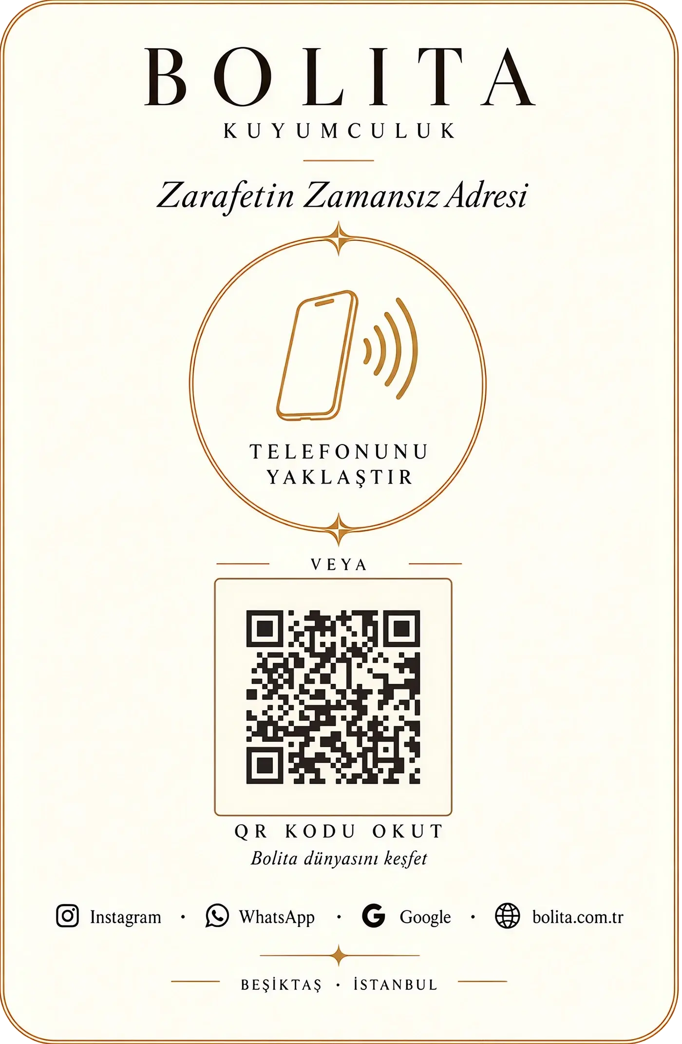 Bolita Kuyumculuk için dikey NFC ve QR mağaza iletişim tasarımı