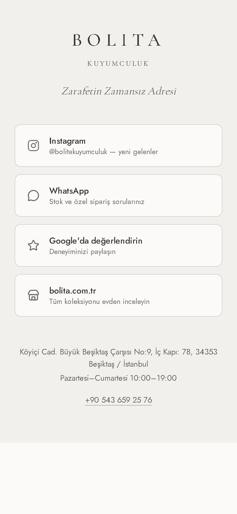 Bolita Kuyumculuk QR bağlantı sayfasının mobil görünümü