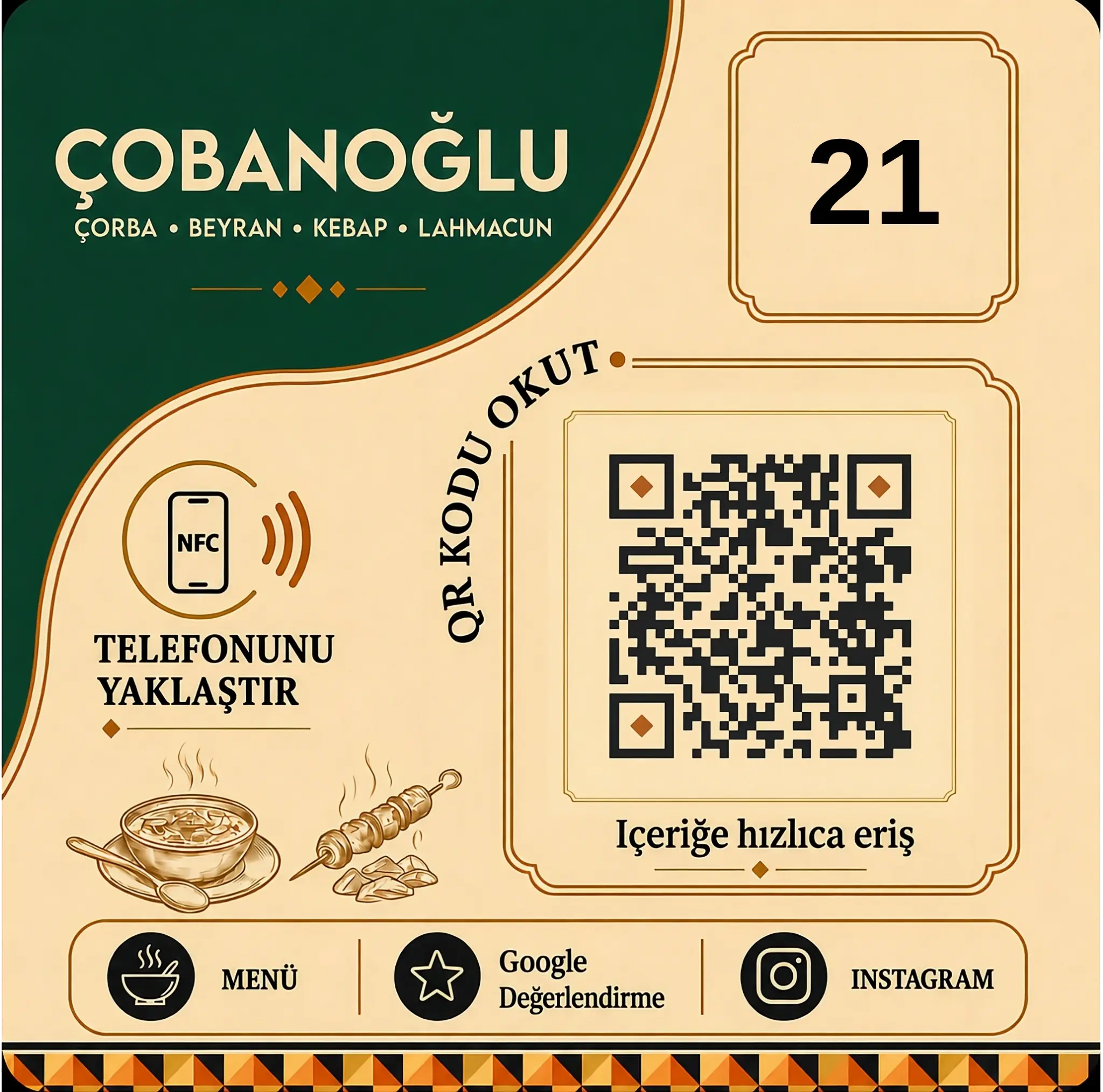 Çobanoğlu için masa numarası 21 bulunan NFC ve QR restoran masa ürünü