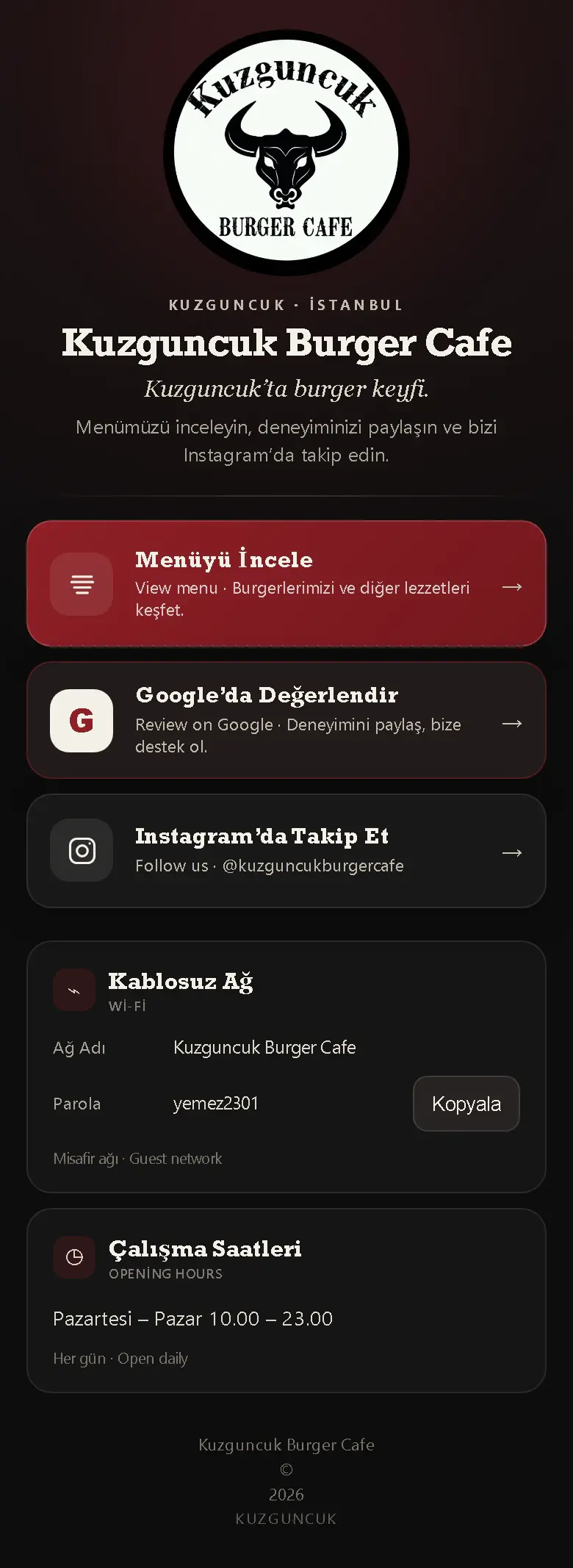 Kuzguncuk Burger mobil işletme ara yüzü