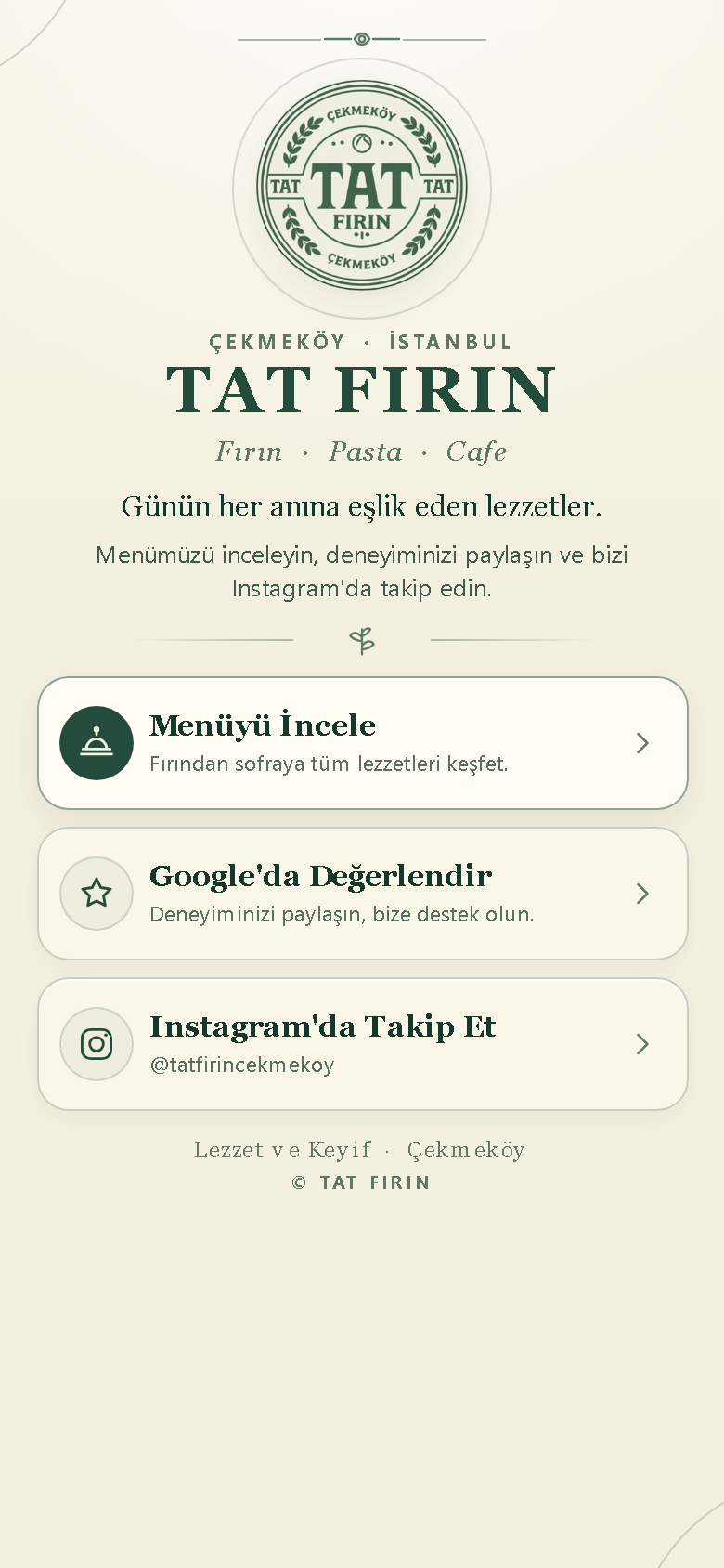 Tat Fırın mobil menü ve bağlantılar sayfası