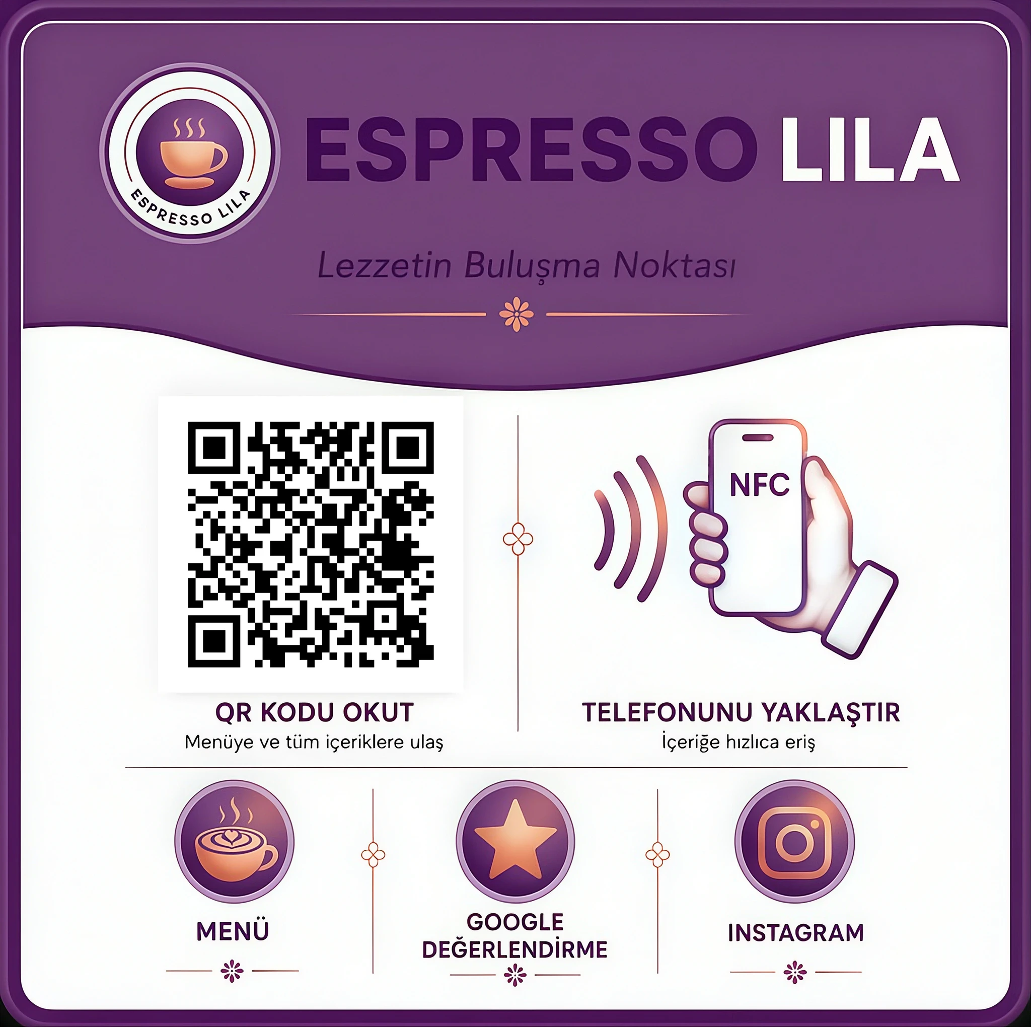 Espresso Lila için özel tasarlanmış NFC ve QR kartı