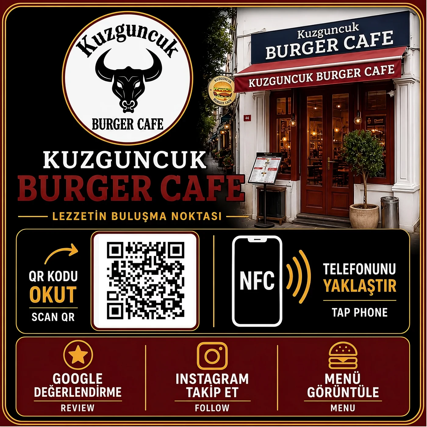 Kuzguncuk Burger için özel tasarlanmış NFC ve QR kartı