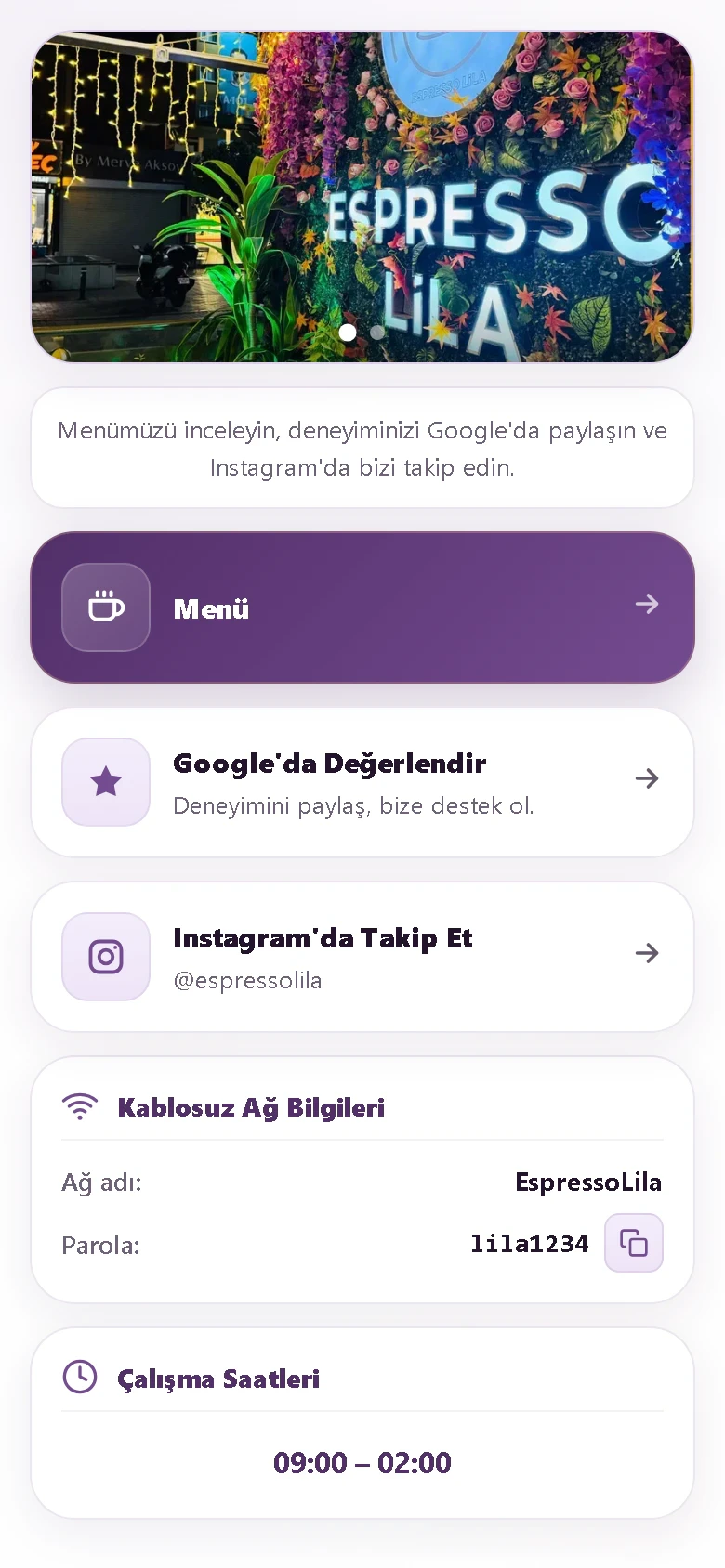 Espresso Lila mobil işletme ara sayfasında menü, Google değerlendirme, Instagram, Wi-Fi ve çalışma saatleri görünümü