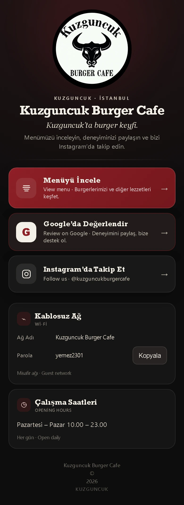 Kuzguncuk Burger Cafe mobil işletme ara sayfasında menü, Wi-Fi ve çalışma saatleri görünümü