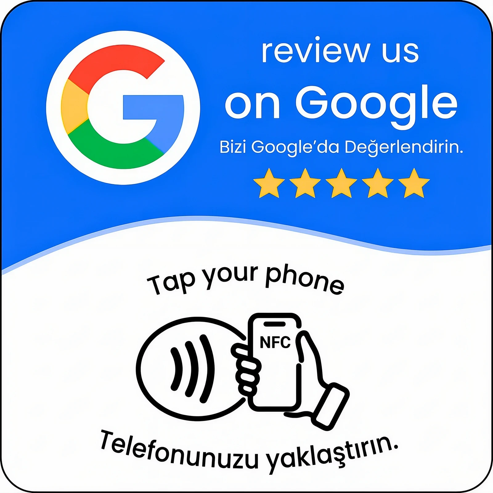 Mavi 10 × 10 cm kare Google değerlendirme NFC masa kartı ön yüzü