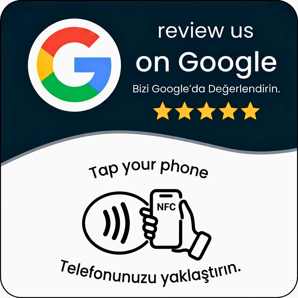 Siyah 10 × 10 cm kare Google değerlendirme NFC masa kartı ön yüzü