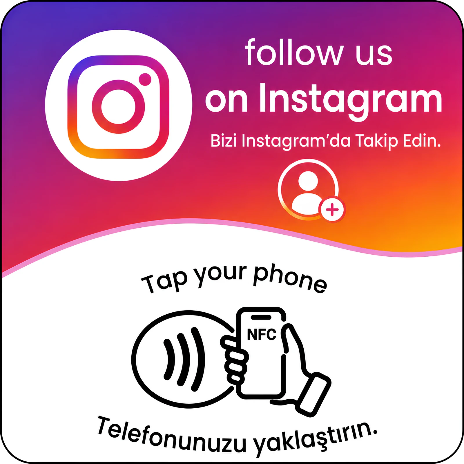 Instagram renklerinde 10 × 10 cm kare NFC masa kartı ön yüzü